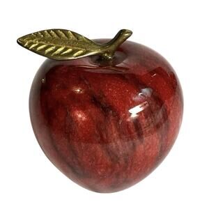 VTG Marble Red Apple Brass Leaf Figurine Paperweight 90s Andrea by Sadek